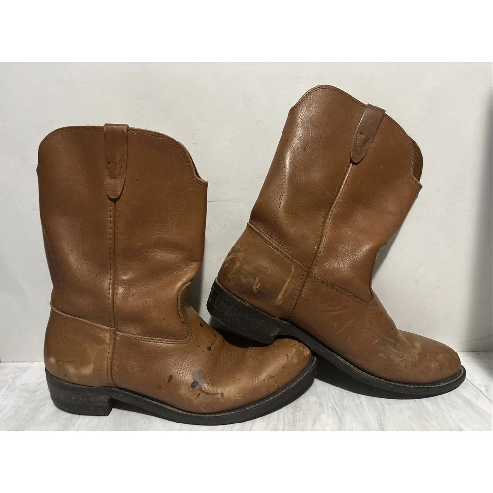 Vintage Unbranded Brown Leather Work Boots Made In USA Mens 11 Pull On Roper